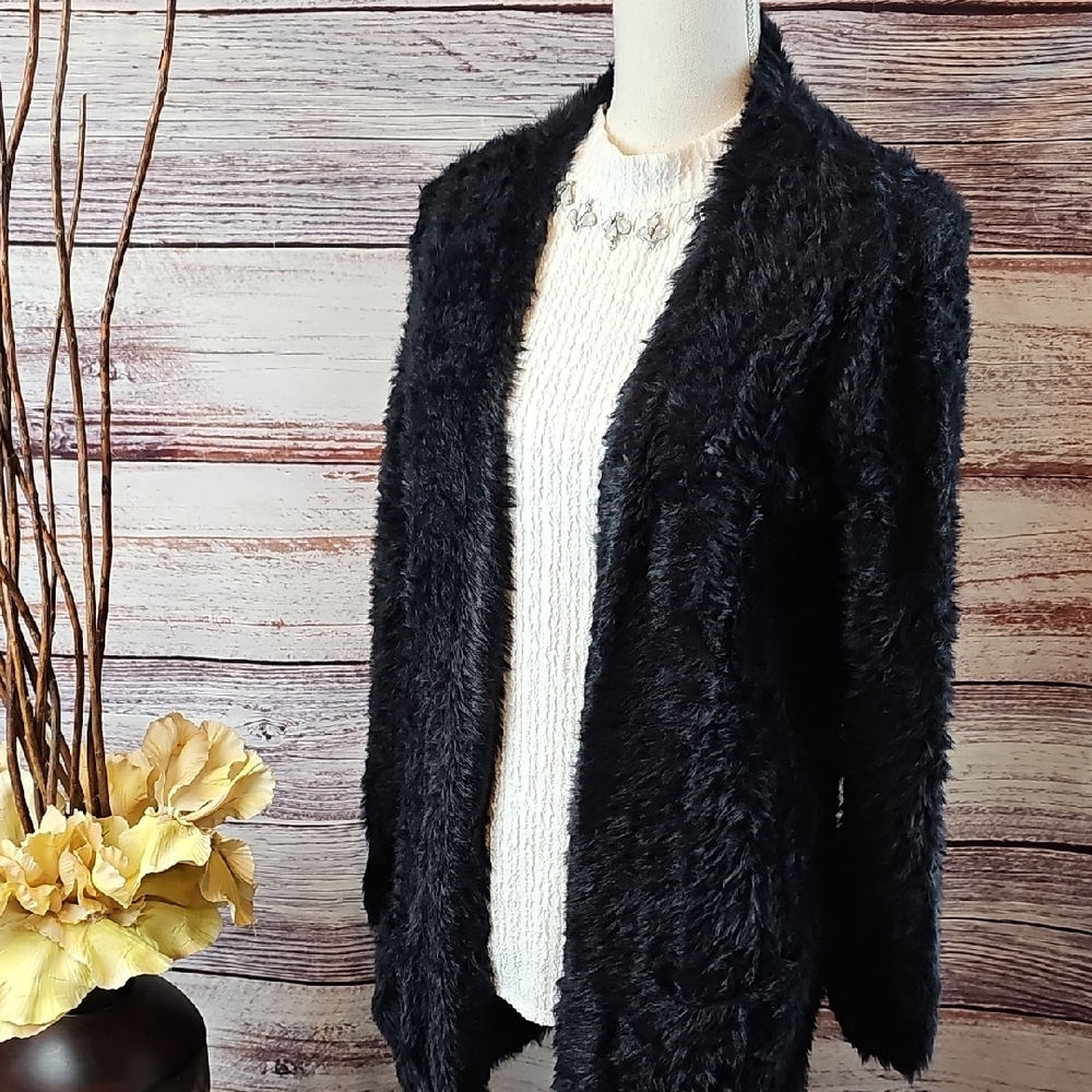 NEW FREE PEOPLE BLACK FURRY LONG SLEEVE OPEN FRONT CARDIGAN